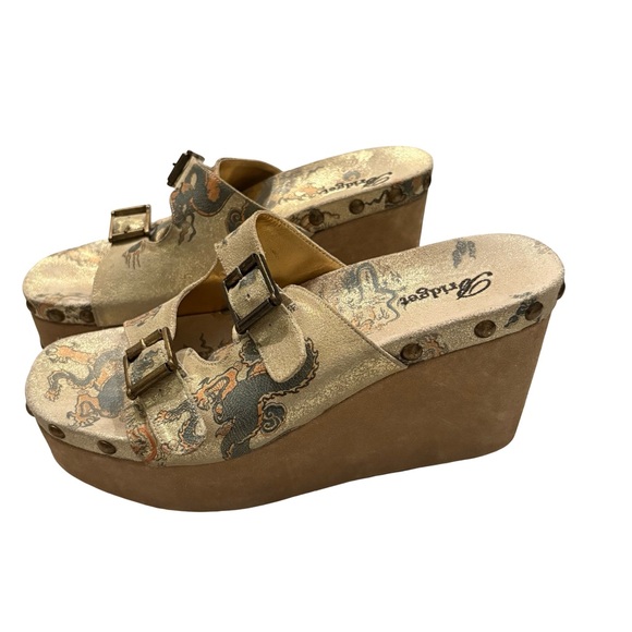 Rare Vtg Bridget Platform Wedge Leather Sandals Dragon Tattoo Print, Sz 9 - Picture 5 of 16